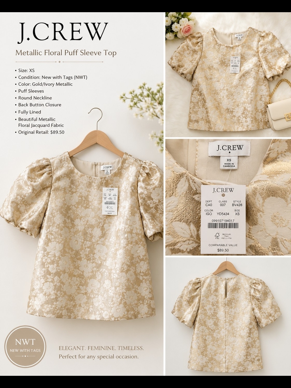 J. Crew White and Gold Floral Puff-Sleeve Blouse